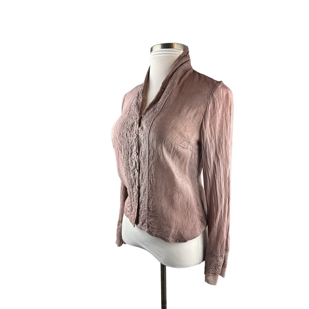 Johnny Was Embroidered Button Blouse Boho Crinkle Cotton Rayon Top Mauve Small - Picture 7 of 12